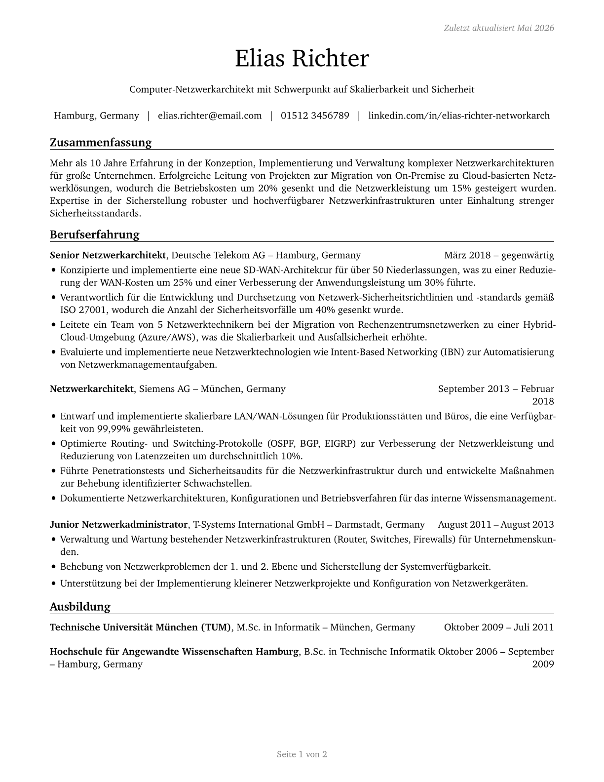 Computer Network Architects CV in German — page 1