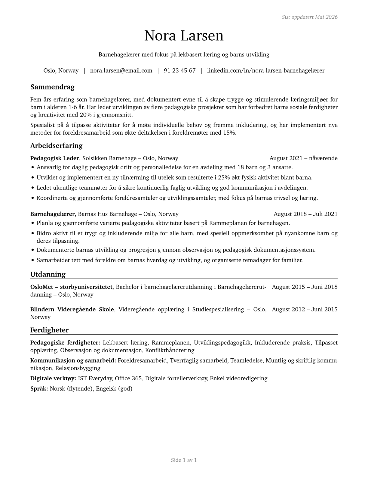 Kindergarten Teachers, Except Special Education CV in Norwegian_bokmal — page 1