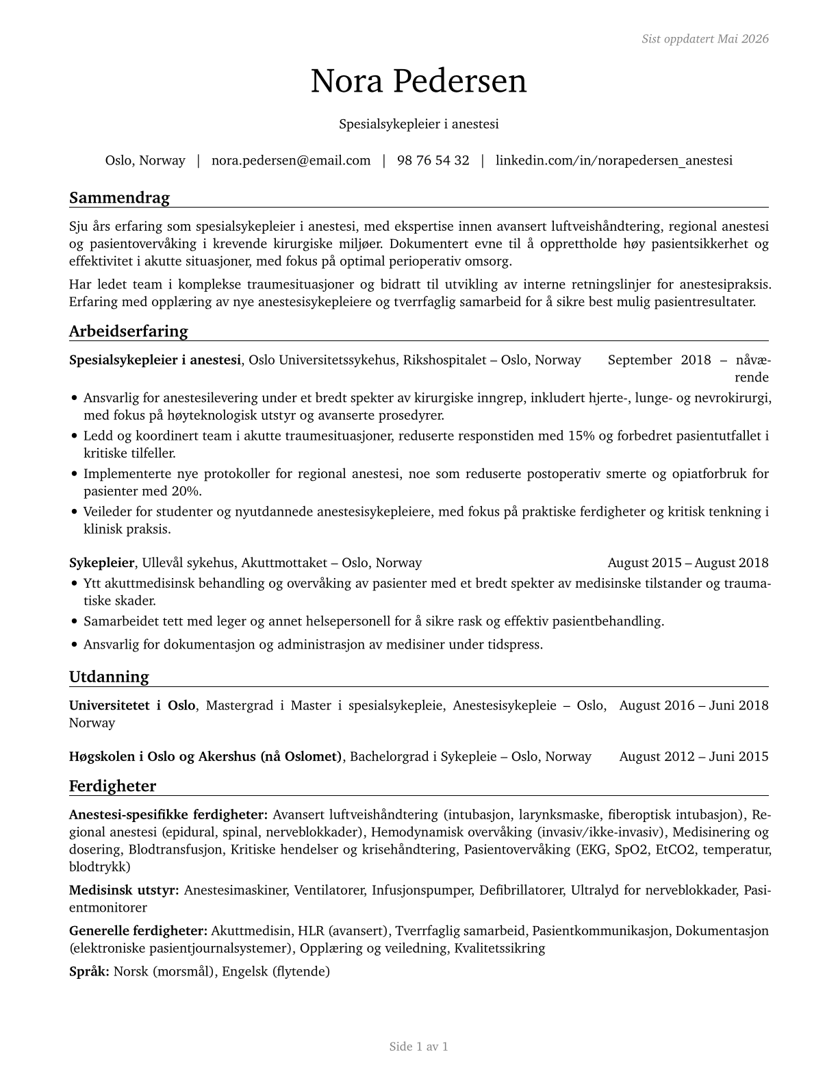 Nurse Anesthetists CV in Norwegian_bokmal — page 1