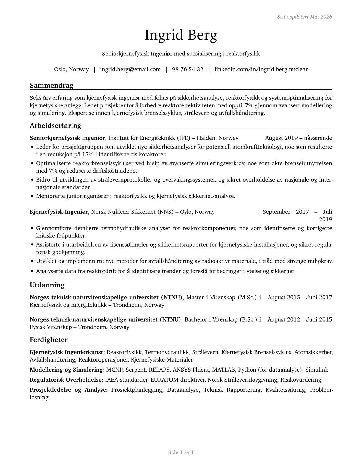 Nuclear Engineers CV in Norwegian_bokmal — page 1