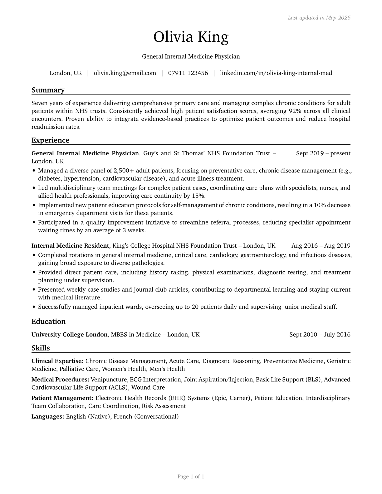 General Internal Medicine Physicians CV in English — page 1