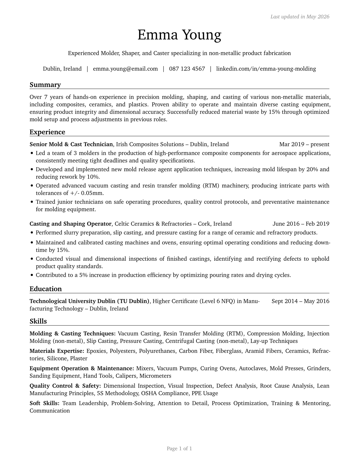 Molders, Shapers, and Casters, Except Metal and Plastic CV in English — page 1