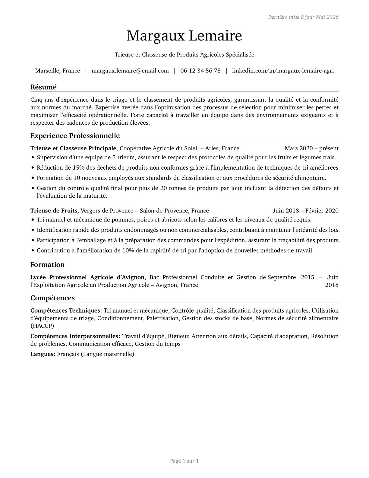 Graders and Sorters, Agricultural Products CV in French — page 1