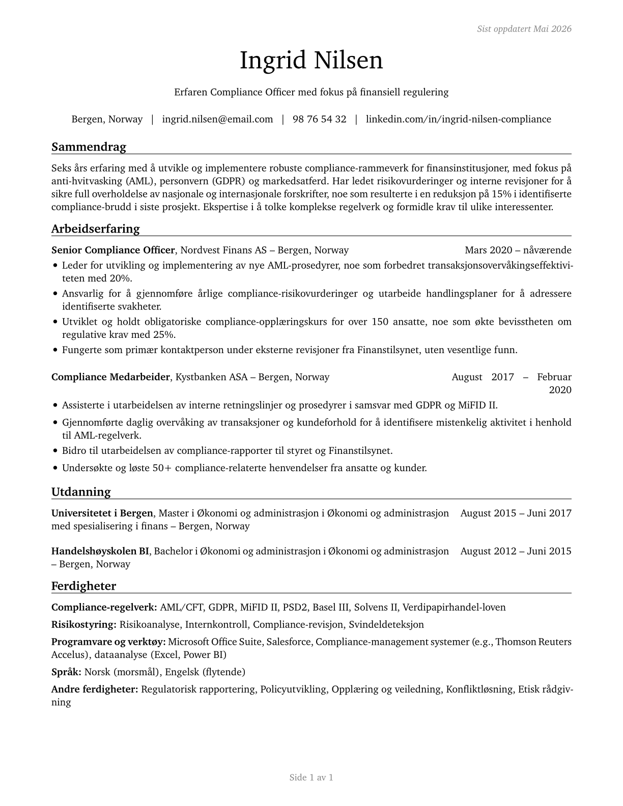 Compliance Officers CV in Norwegian_bokmal — page 1