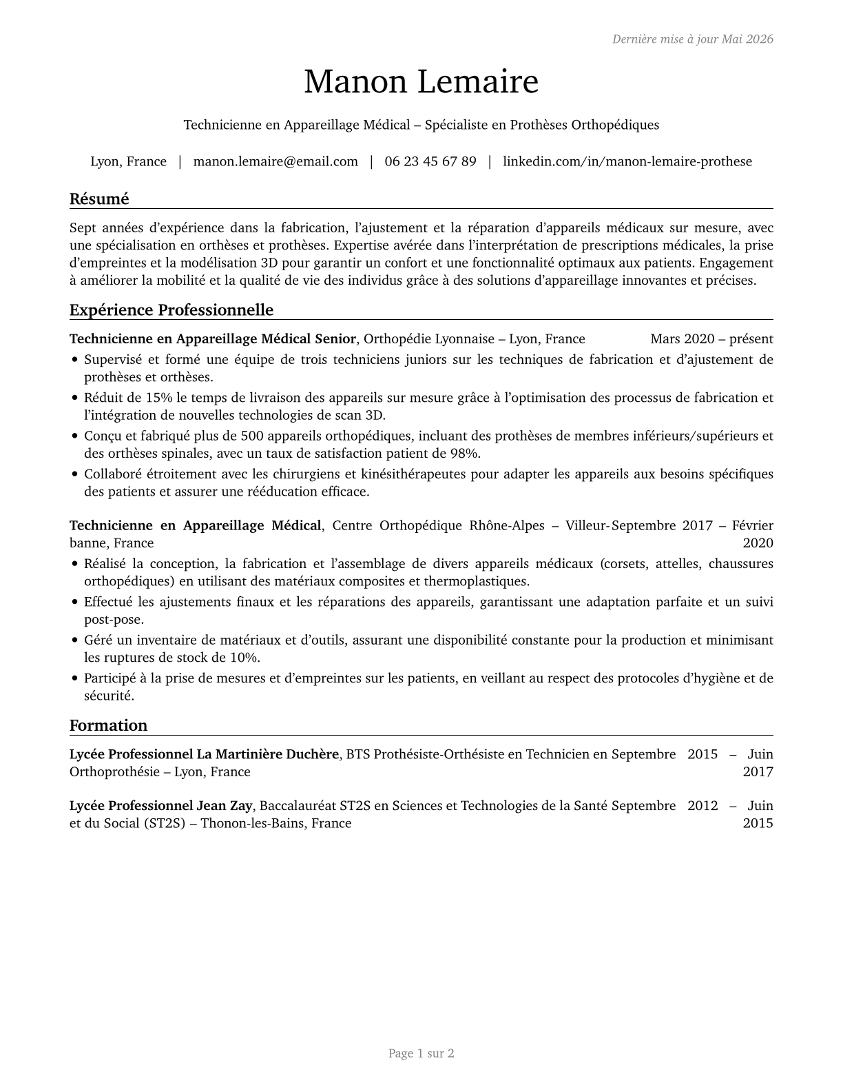 Medical Appliance Technicians CV in French — page 1