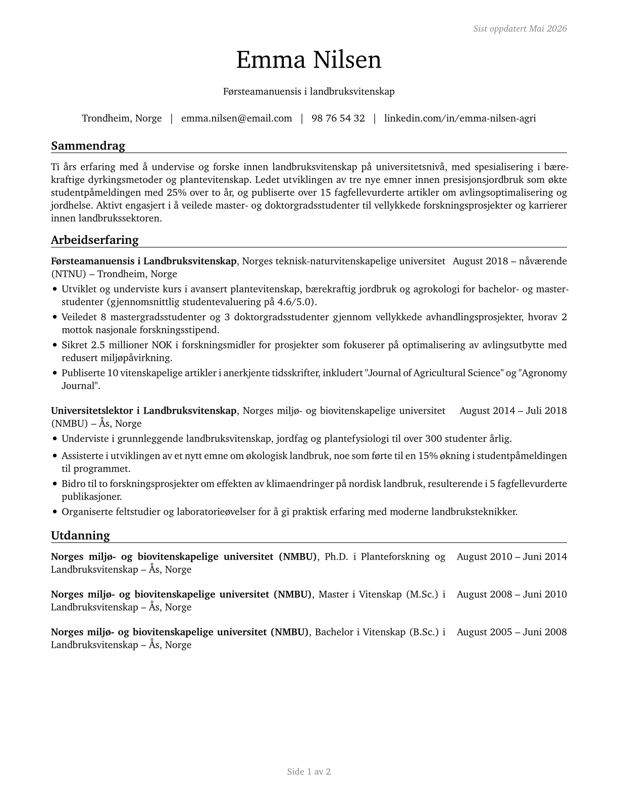 Agricultural Sciences Teachers, Postsecondary CV in Norwegian_bokmal — page 1