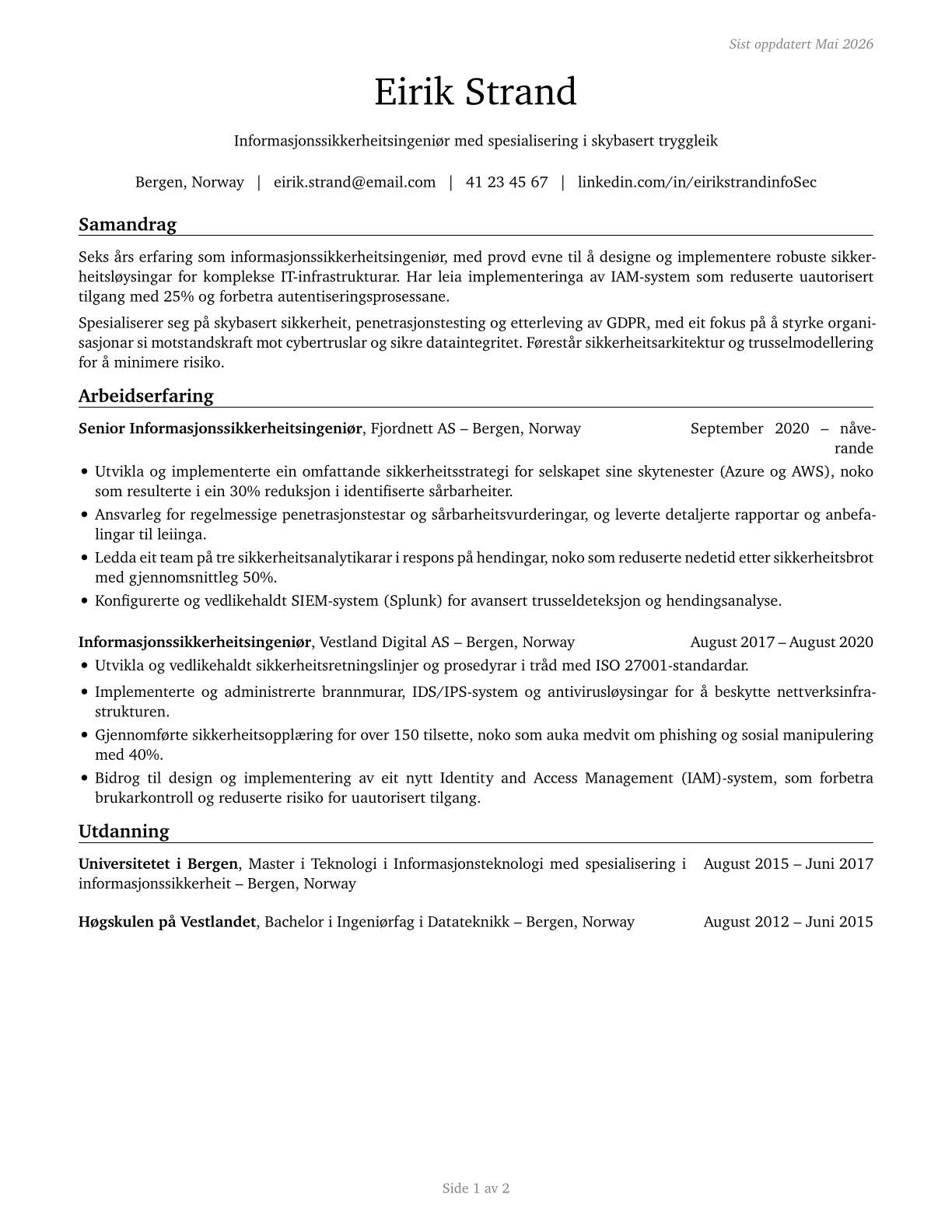 Information Security Engineers CV in Norwegian_nynorsk — page 1