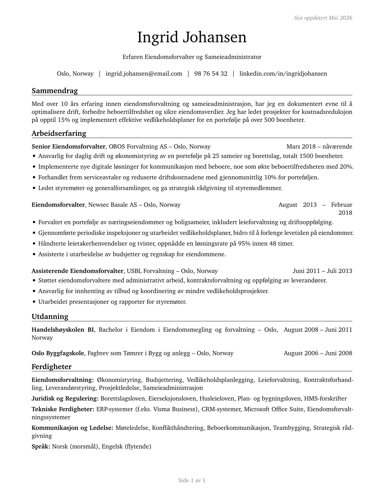 Property, Real Estate, and Community Association Managers CV in Norwegian_bokmal — page 1