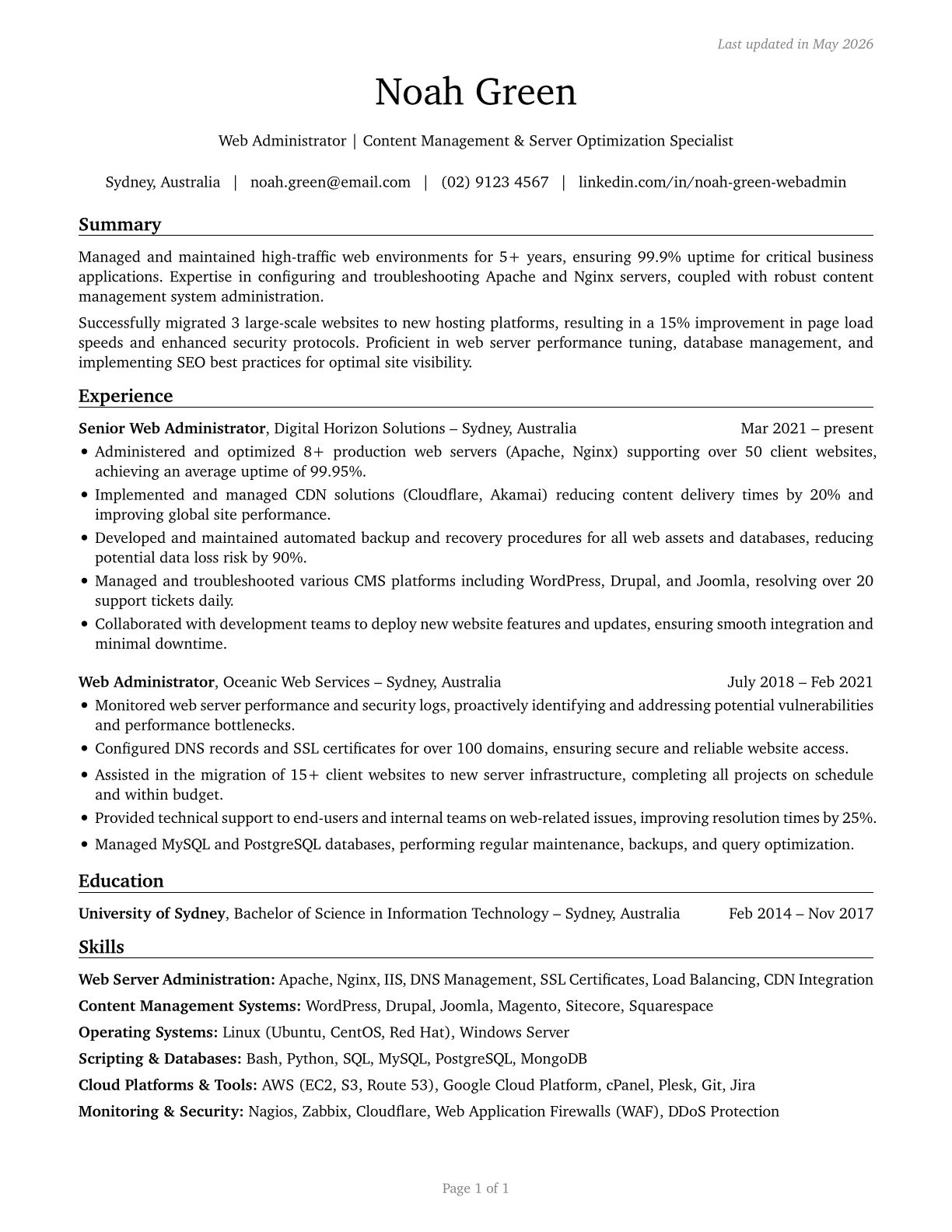 Web Administrators CV in English — page 1