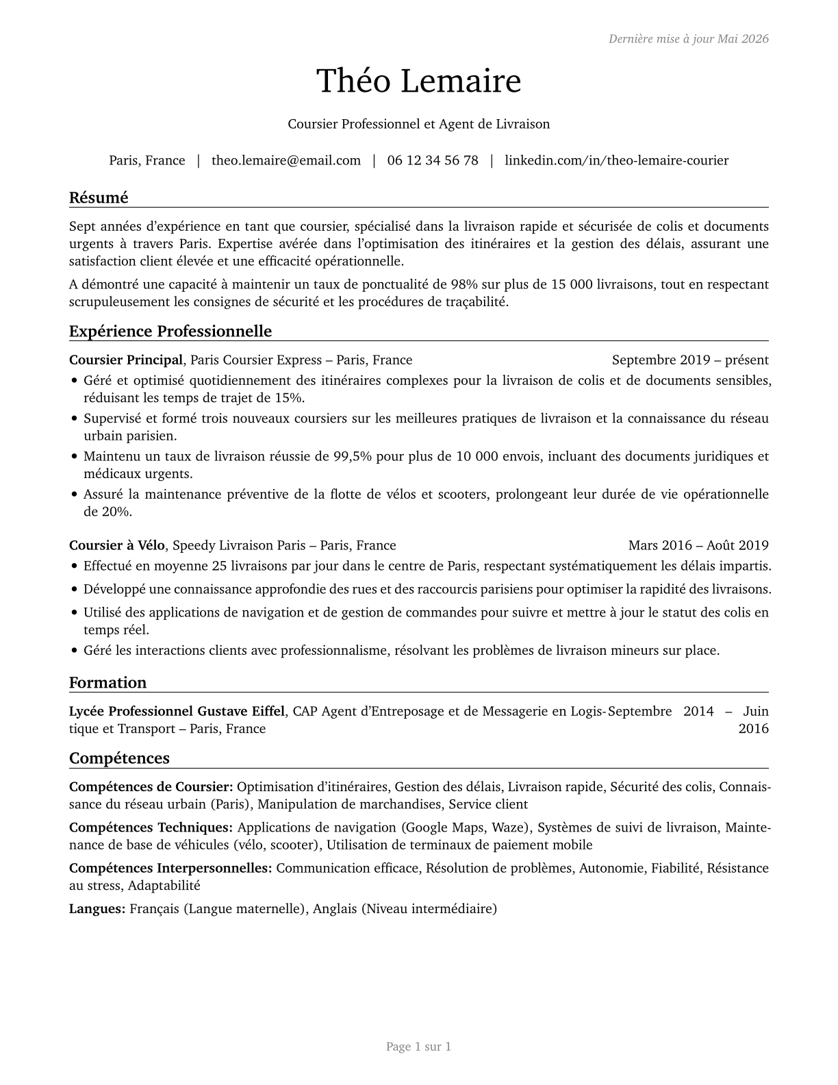 Couriers and Messengers CV in French — page 1