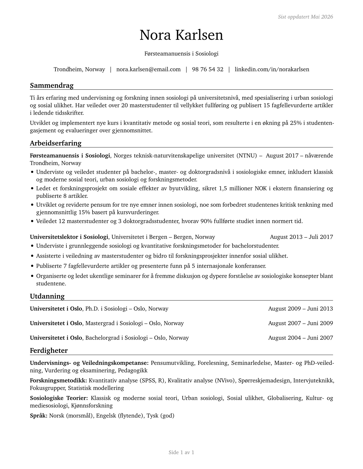 Sociology Teachers, Postsecondary CV in Norwegian_bokmal — page 1