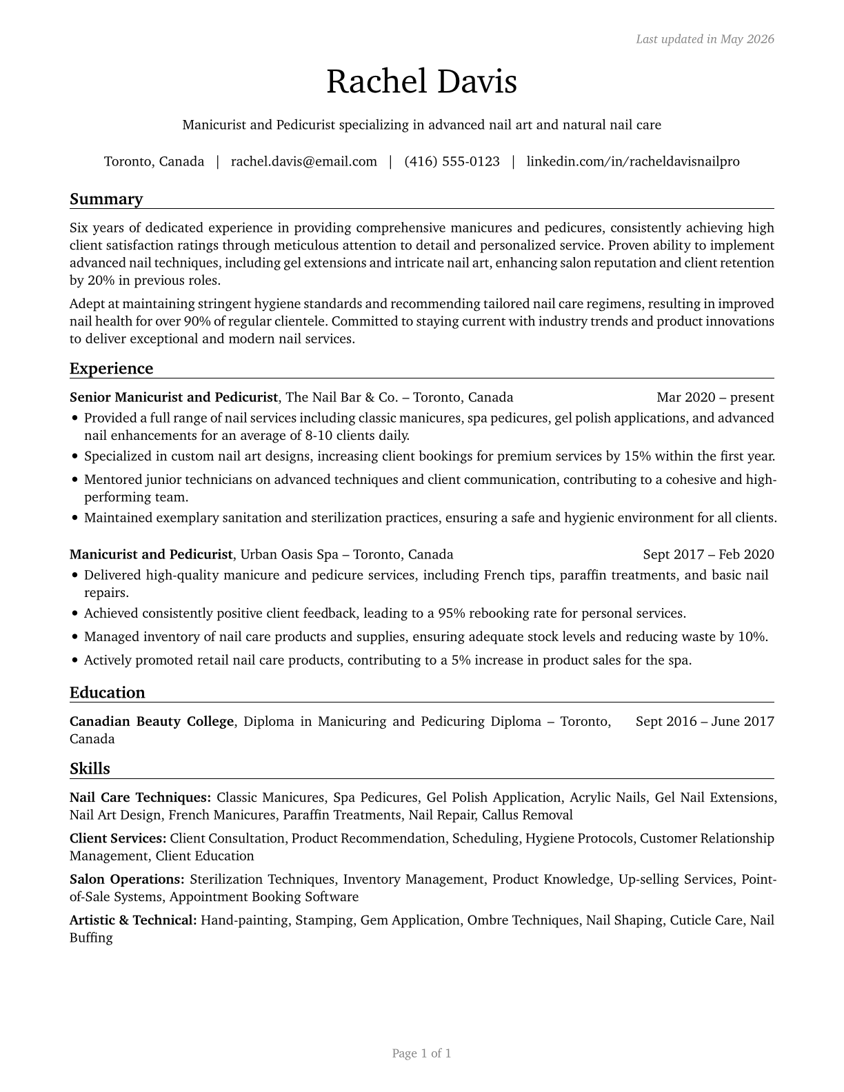 Manicurists and Pedicurists CV in English — page 1