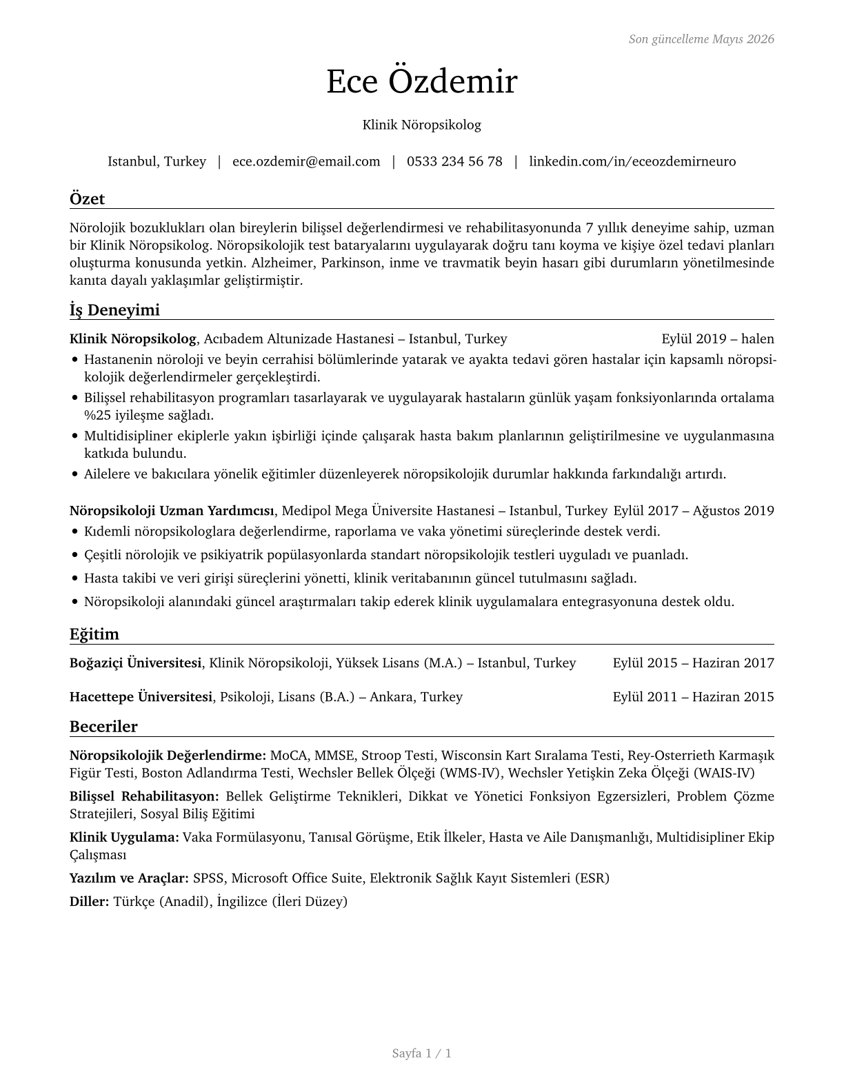 Clinical Neuropsychologists CV in Turkish — page 1
