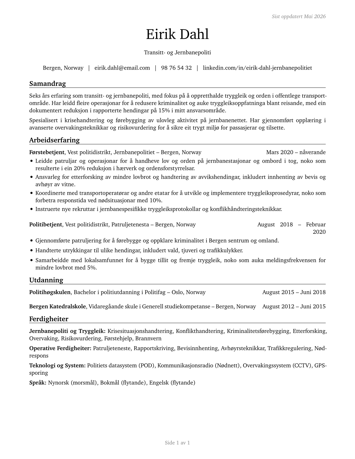Transit and Railroad Police CV in Norwegian_nynorsk — page 1