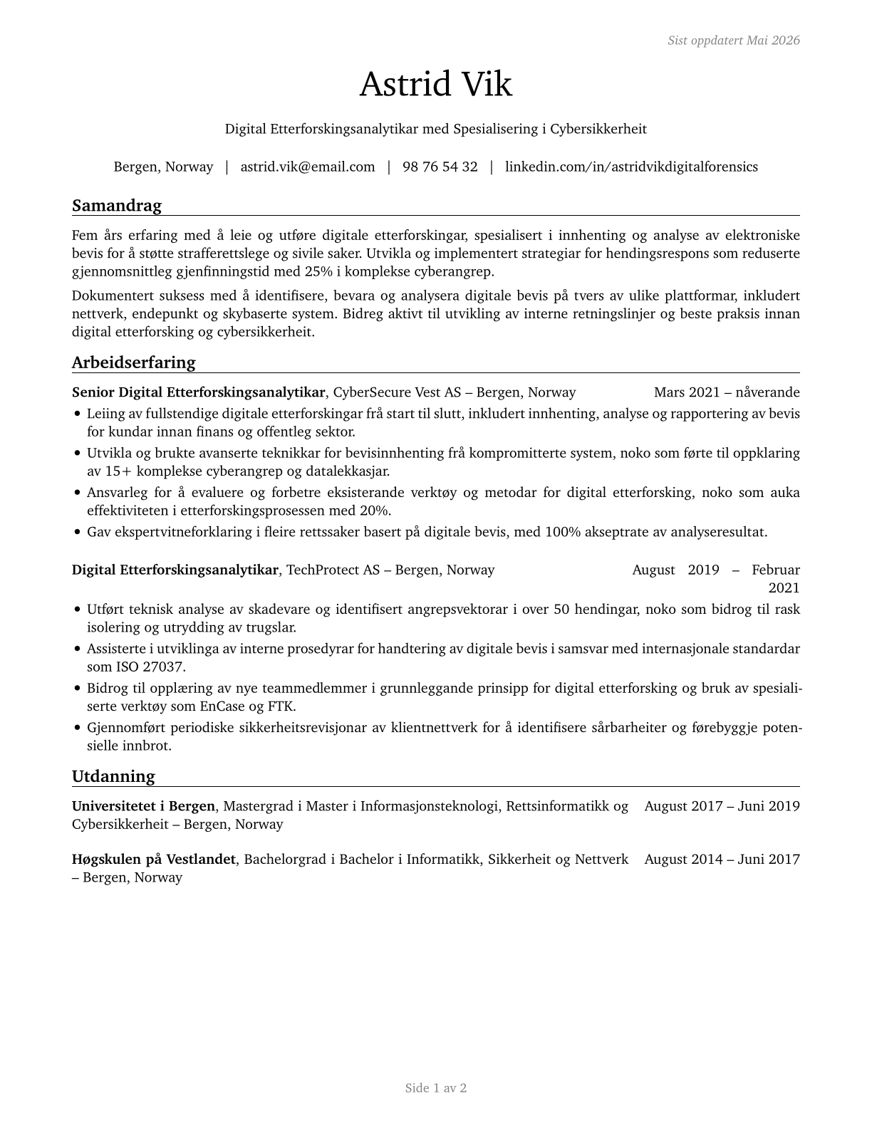 Digital Forensics Analysts CV in Norwegian_nynorsk — page 1