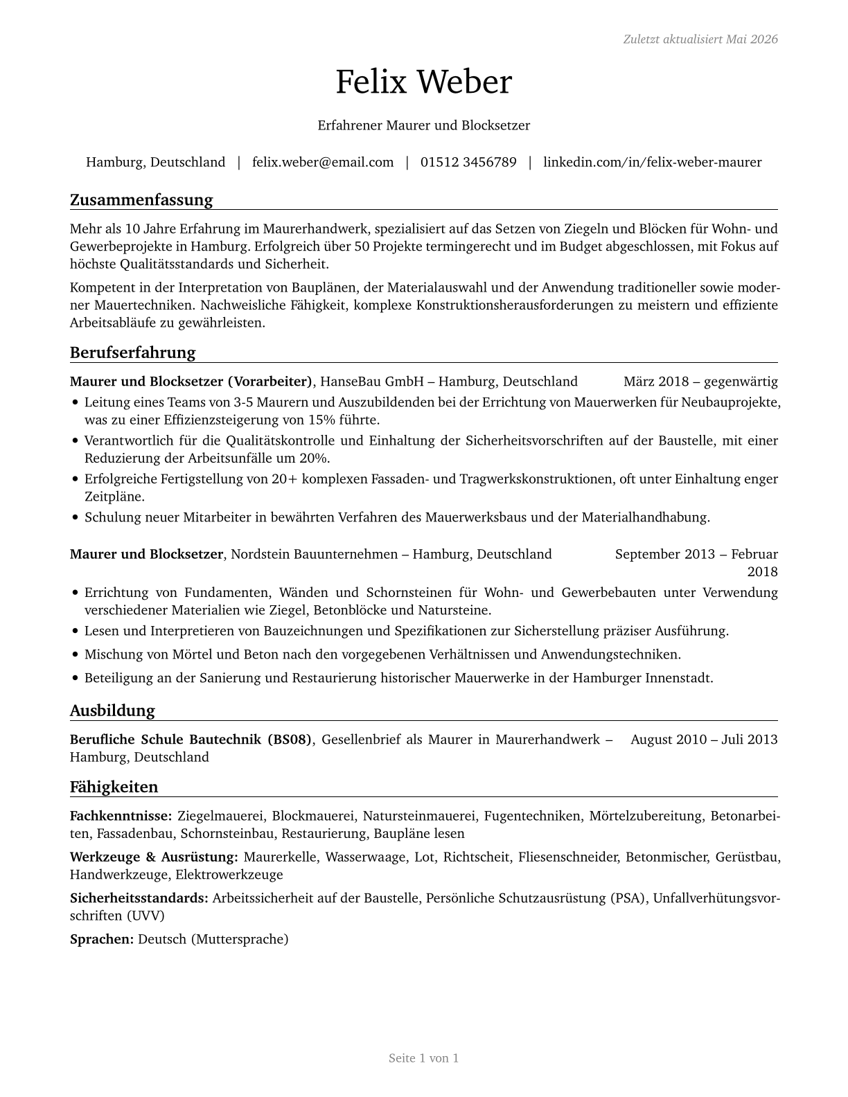 Brickmasons and Blockmasons CV in German — page 1