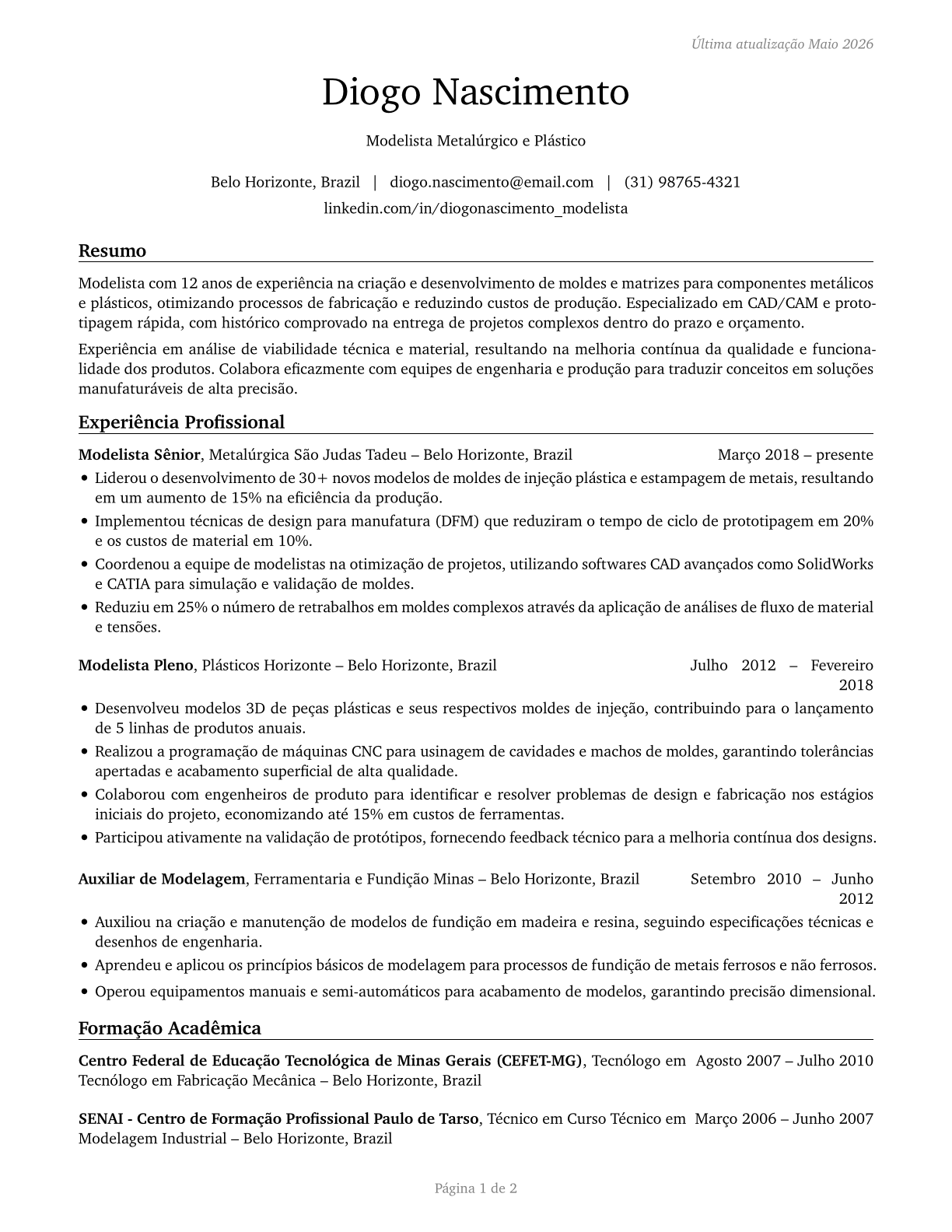Patternmakers, Metal and Plastic CV in Portuguese — page 1