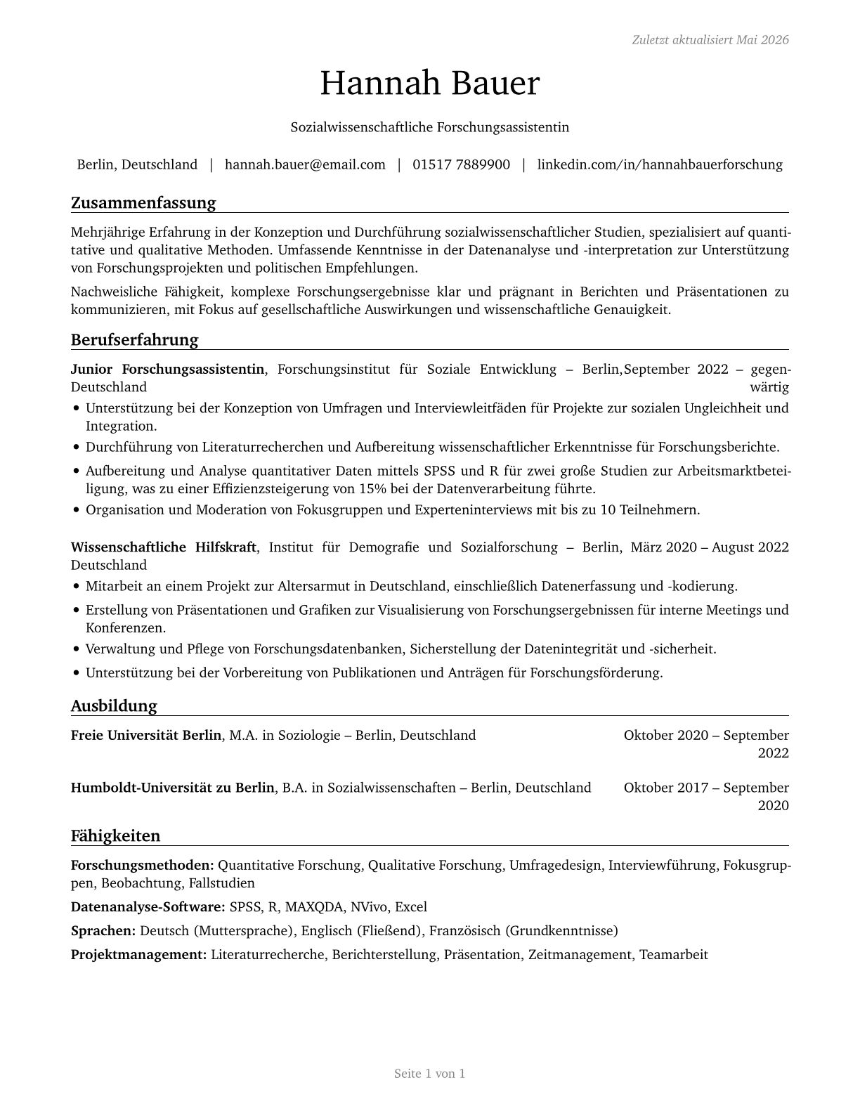 Social Science Research Assistants CV in German — page 1