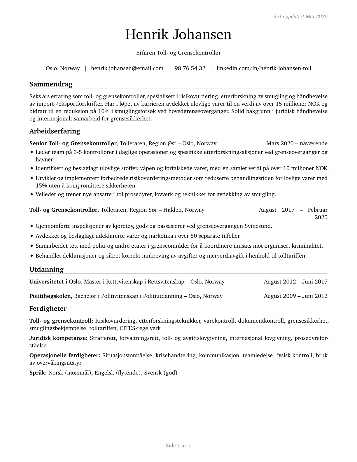 Customs and Border Protection Officers CV in Norwegian_bokmal — page 1