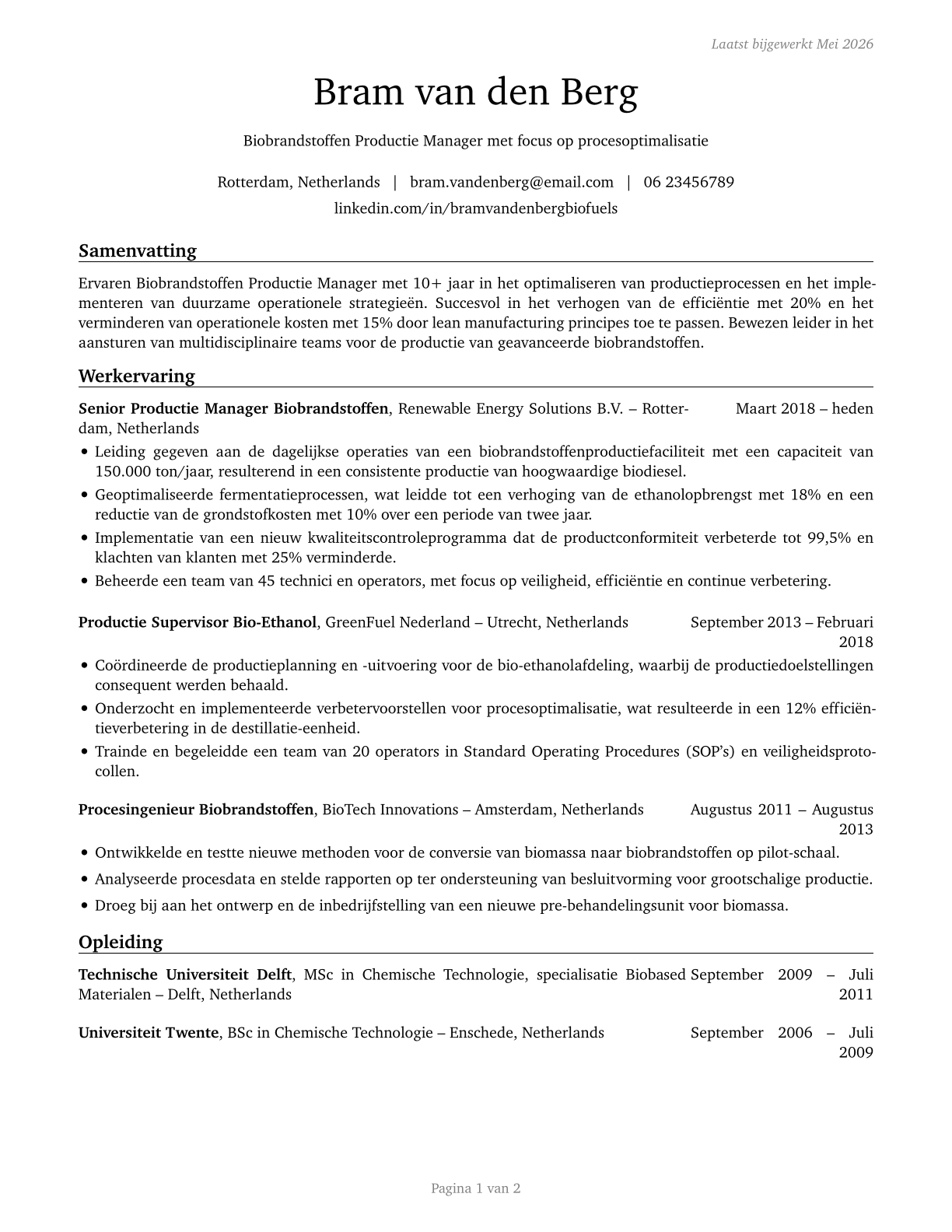Biofuels Production Managers CV in Dutch — page 1