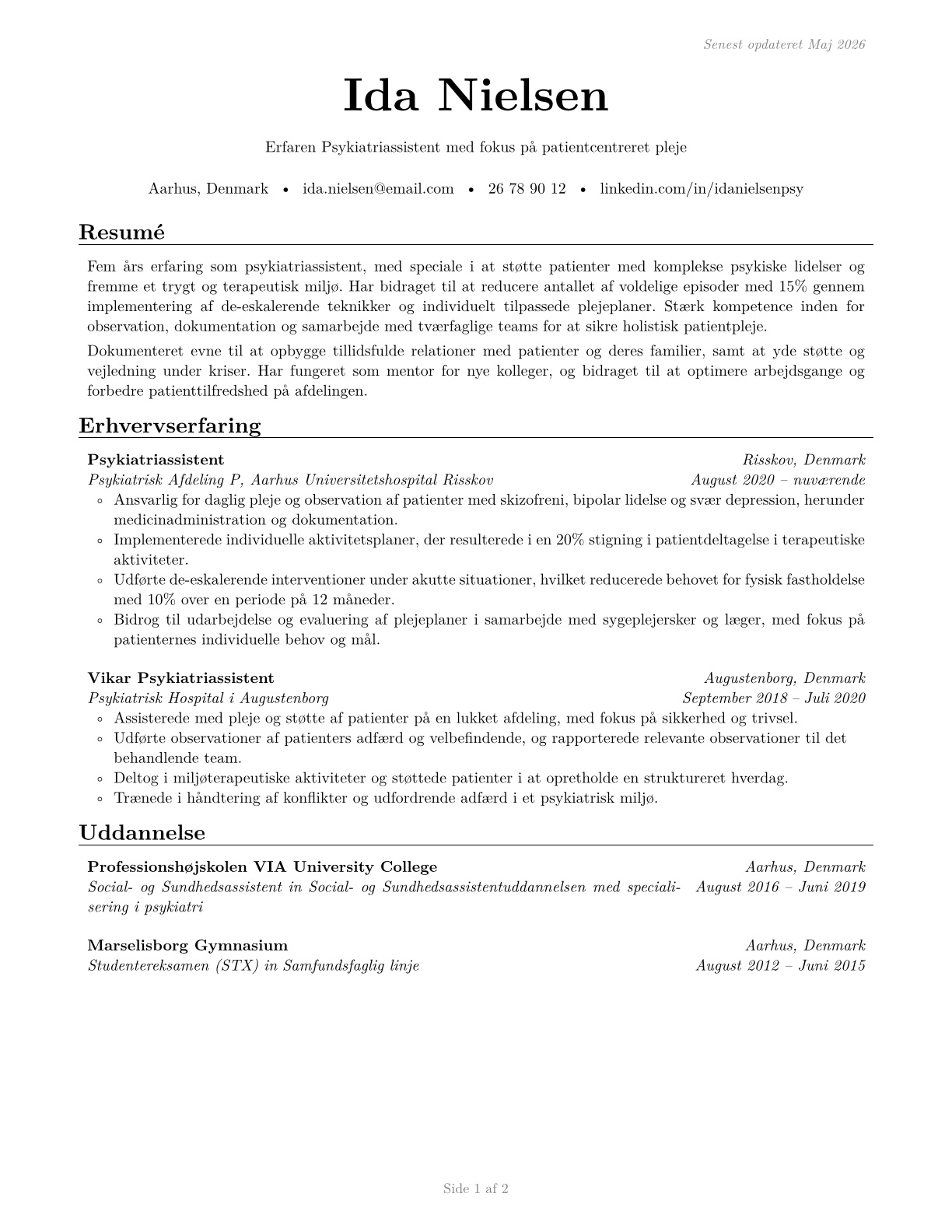 Psychiatric Aides CV in Danish — page 1