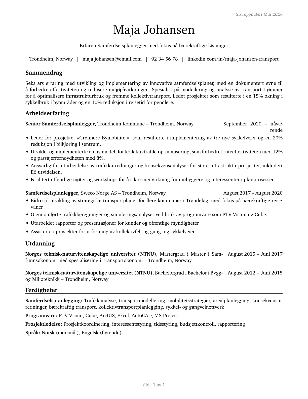 Transportation Planners CV in Norwegian_bokmal — page 1
