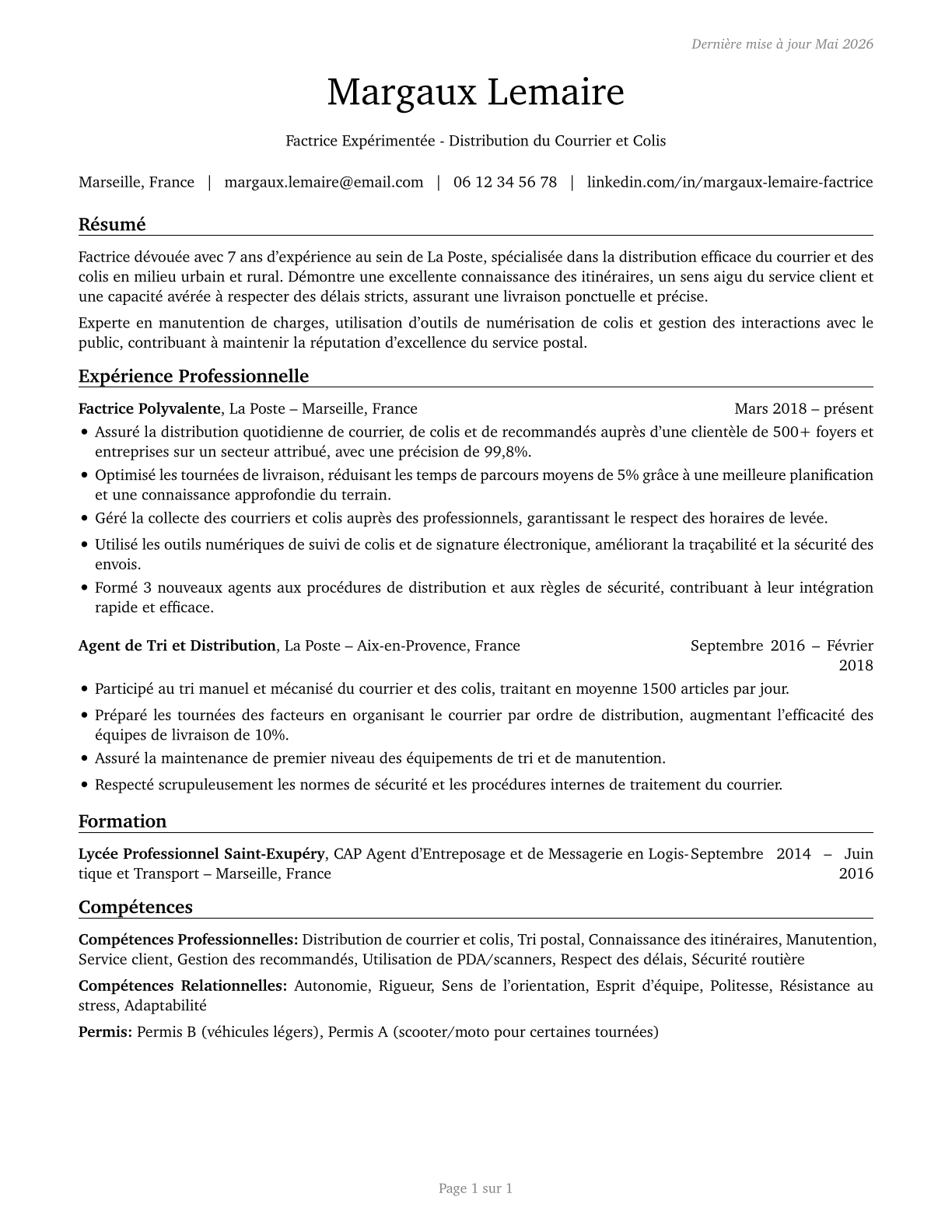 Postal Service Mail Carriers CV in French — page 1