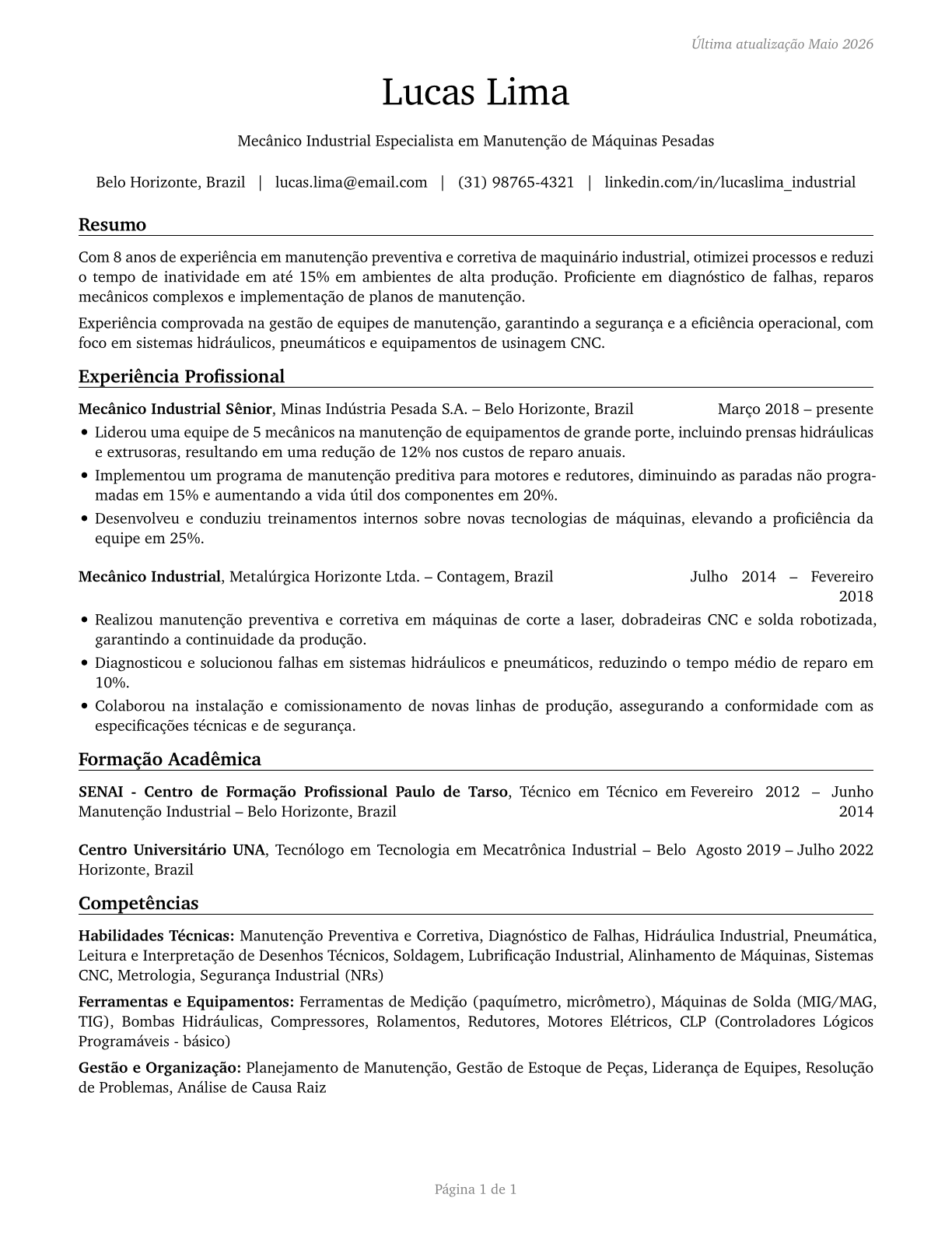 Industrial Machinery Mechanics CV in Portuguese — page 1