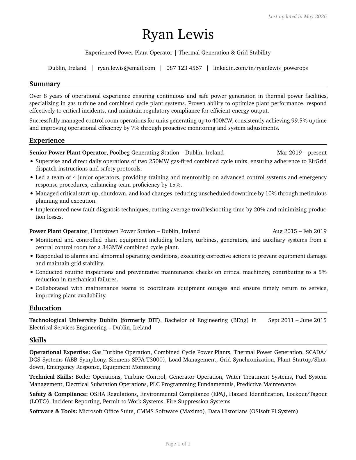 Power Plant Operators CV in English — page 1