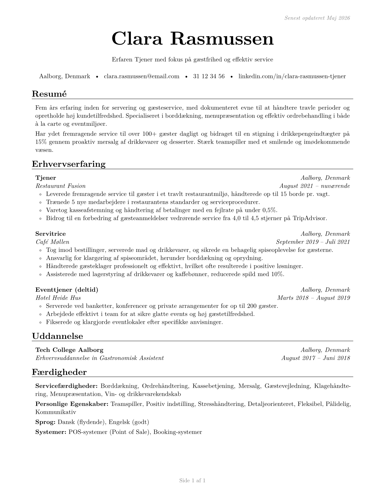 Waiters and Waitresses CV in Danish — page 1