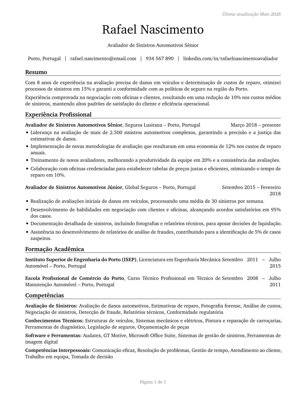 Insurance Appraisers, Auto Damage CV in Portuguese — page 1