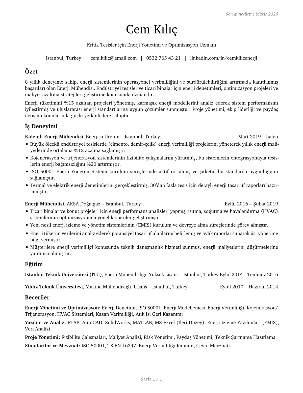 Energy Engineers, Except Wind and Solar CV in Turkish — page 1