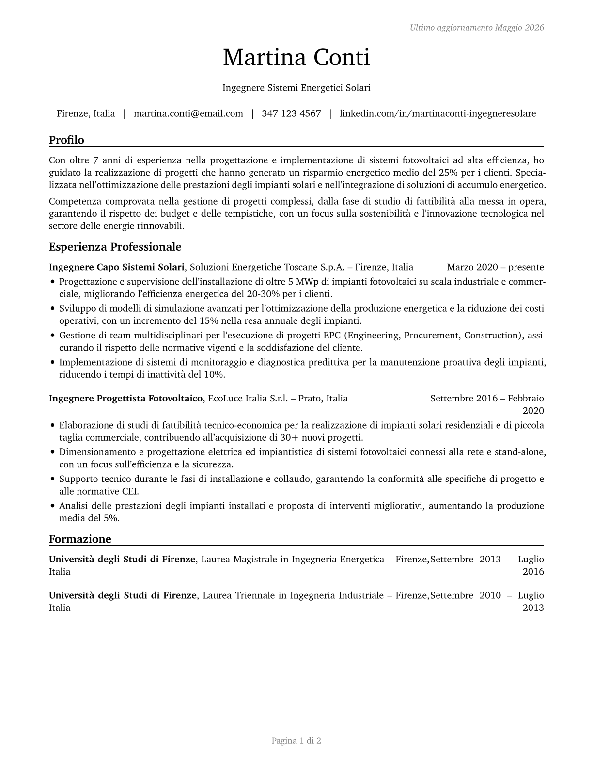 Solar Energy Systems Engineers CV in Italian — page 1