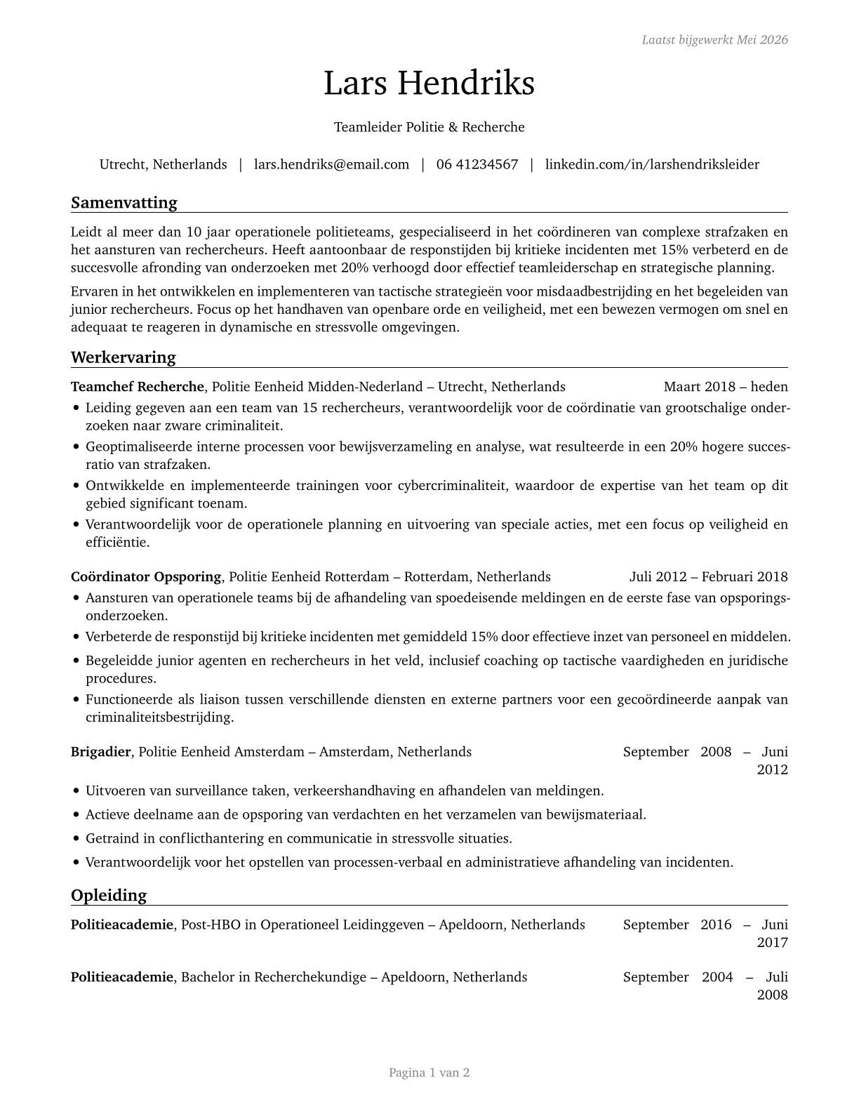 First-Line Supervisors of Police and Detectives CV in Dutch — page 1