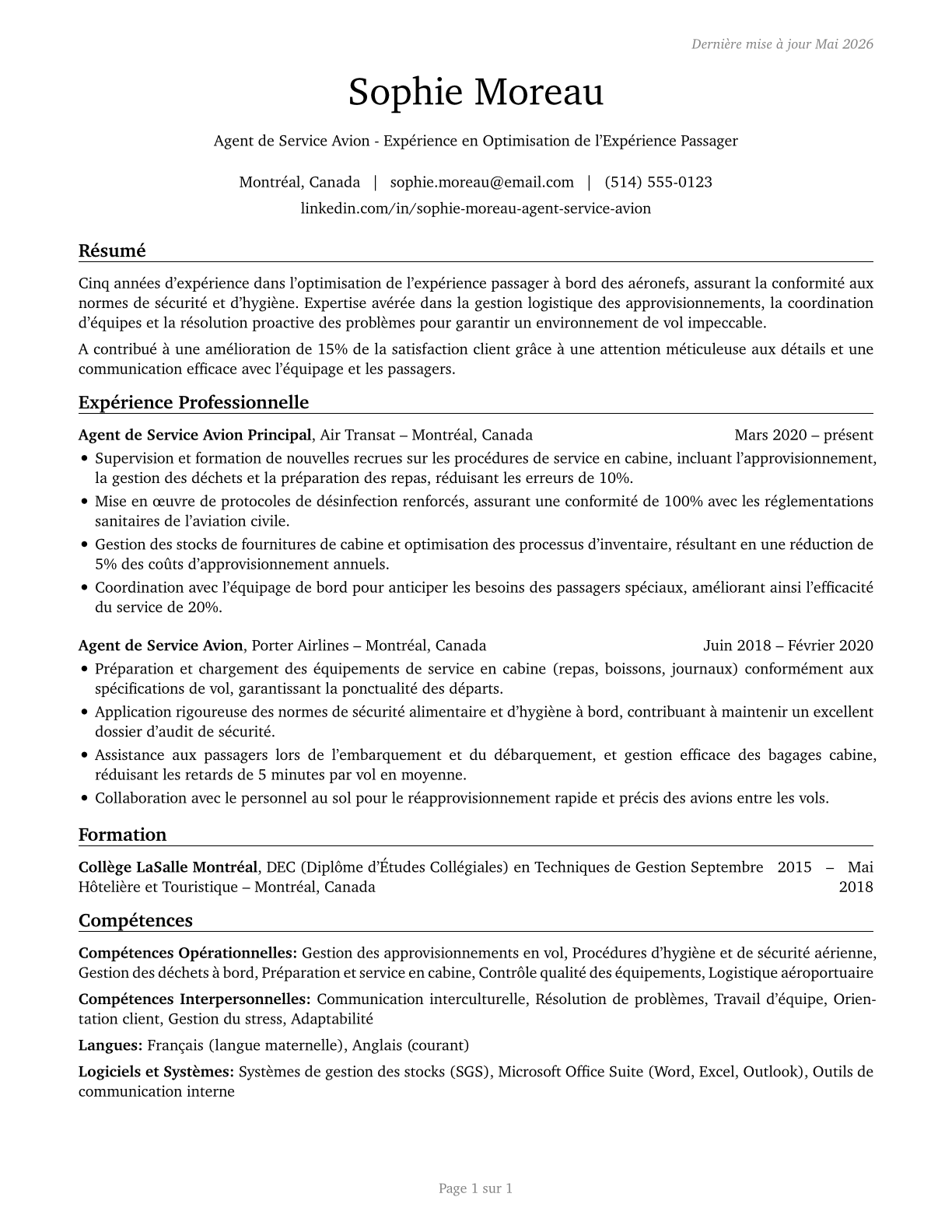 Aircraft Service Attendants CV in French — page 1