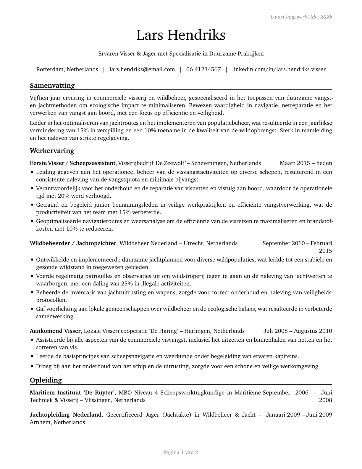 Fishing and Hunting Workers CV in Dutch — page 1