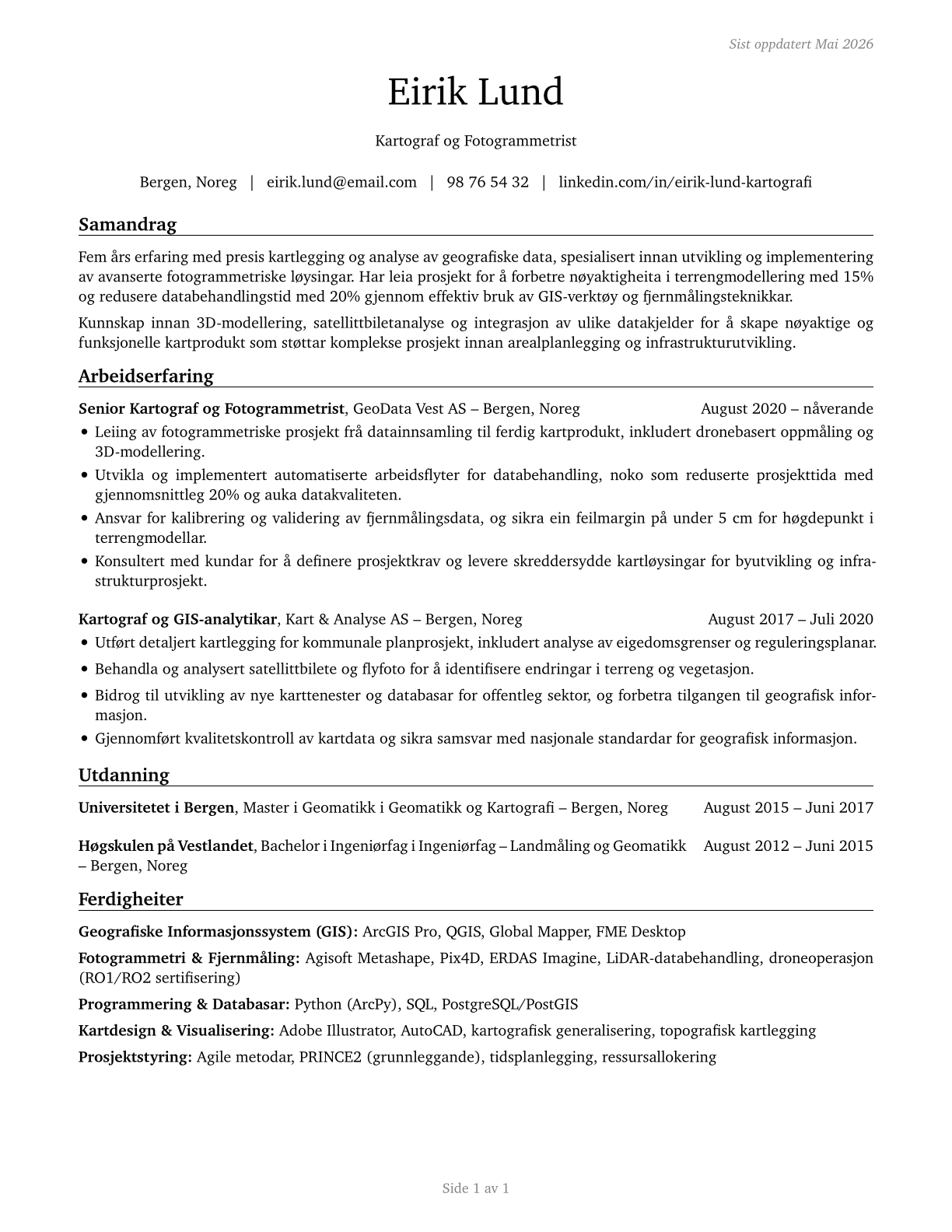 Cartographers and Photogrammetrists CV in Norwegian_nynorsk — page 1