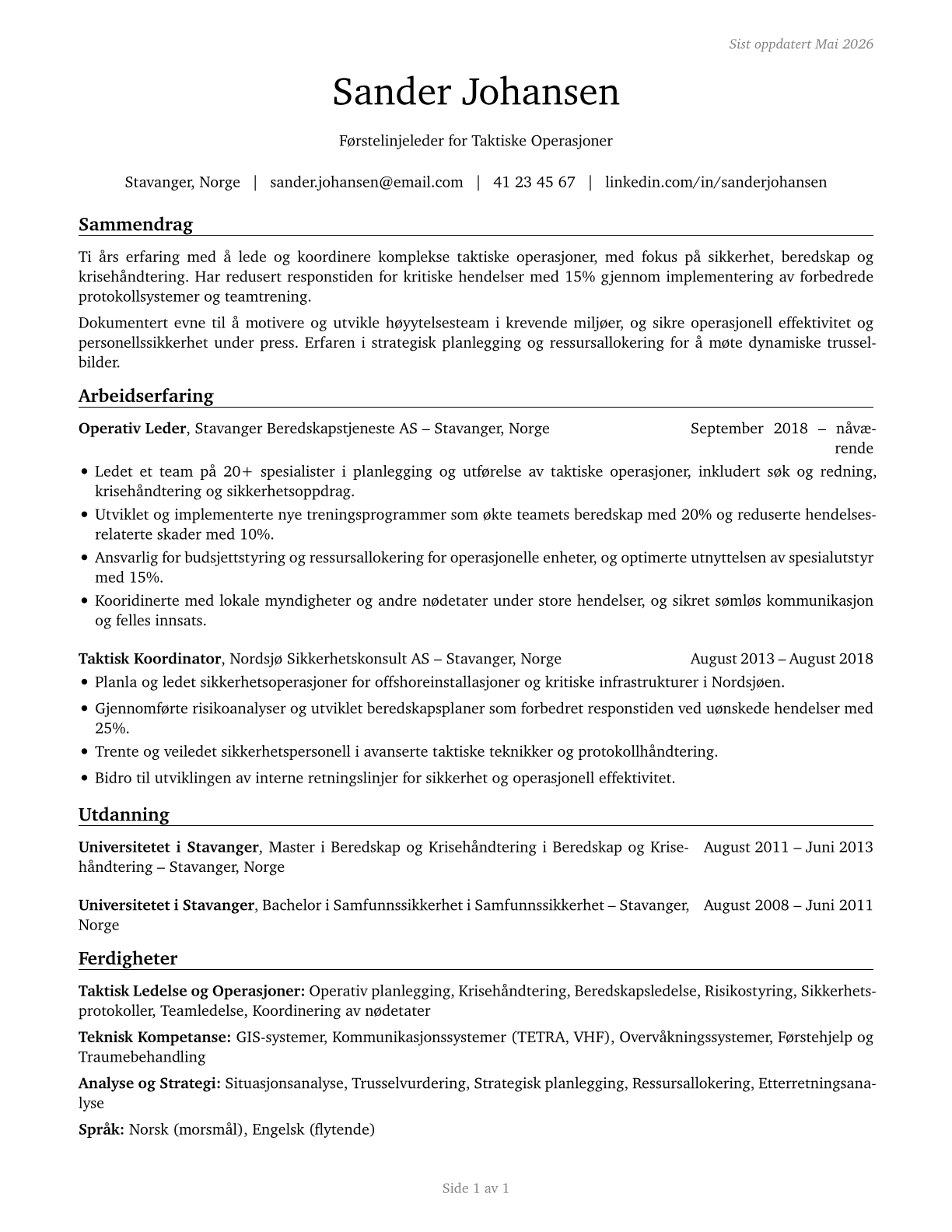 First-Line Supervisors of All Other Tactical Operations Specialists CV in Norwegian_bokmal — page 1