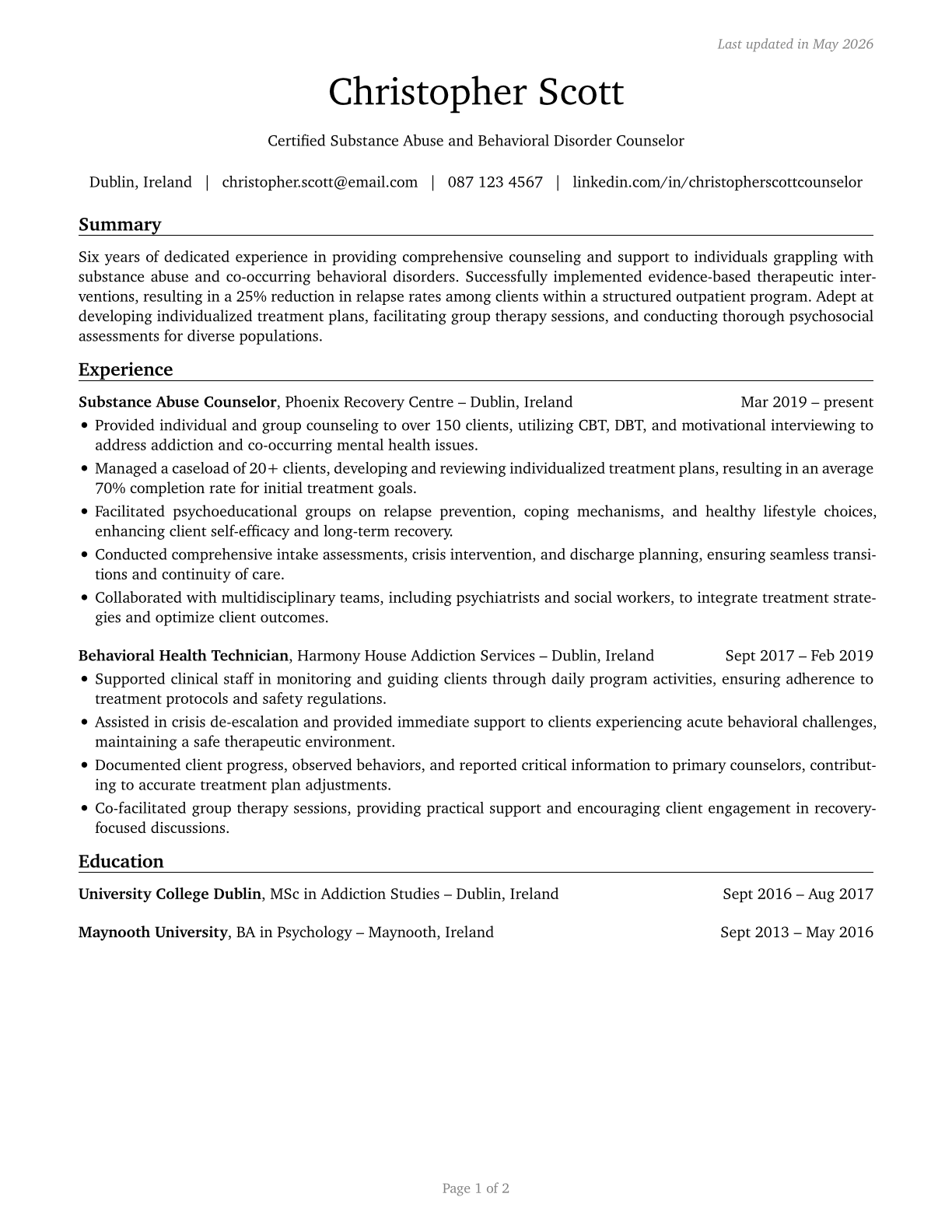 Substance Abuse and Behavioral Disorder Counselors CV in English — page 1