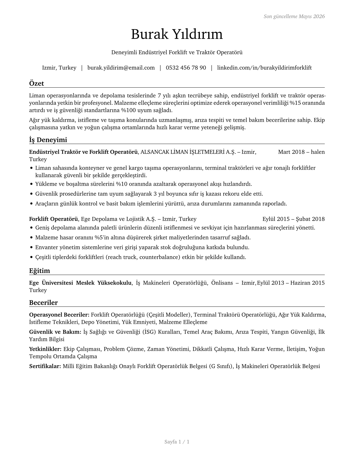 Industrial Truck and Tractor Operators CV in Turkish — page 1
