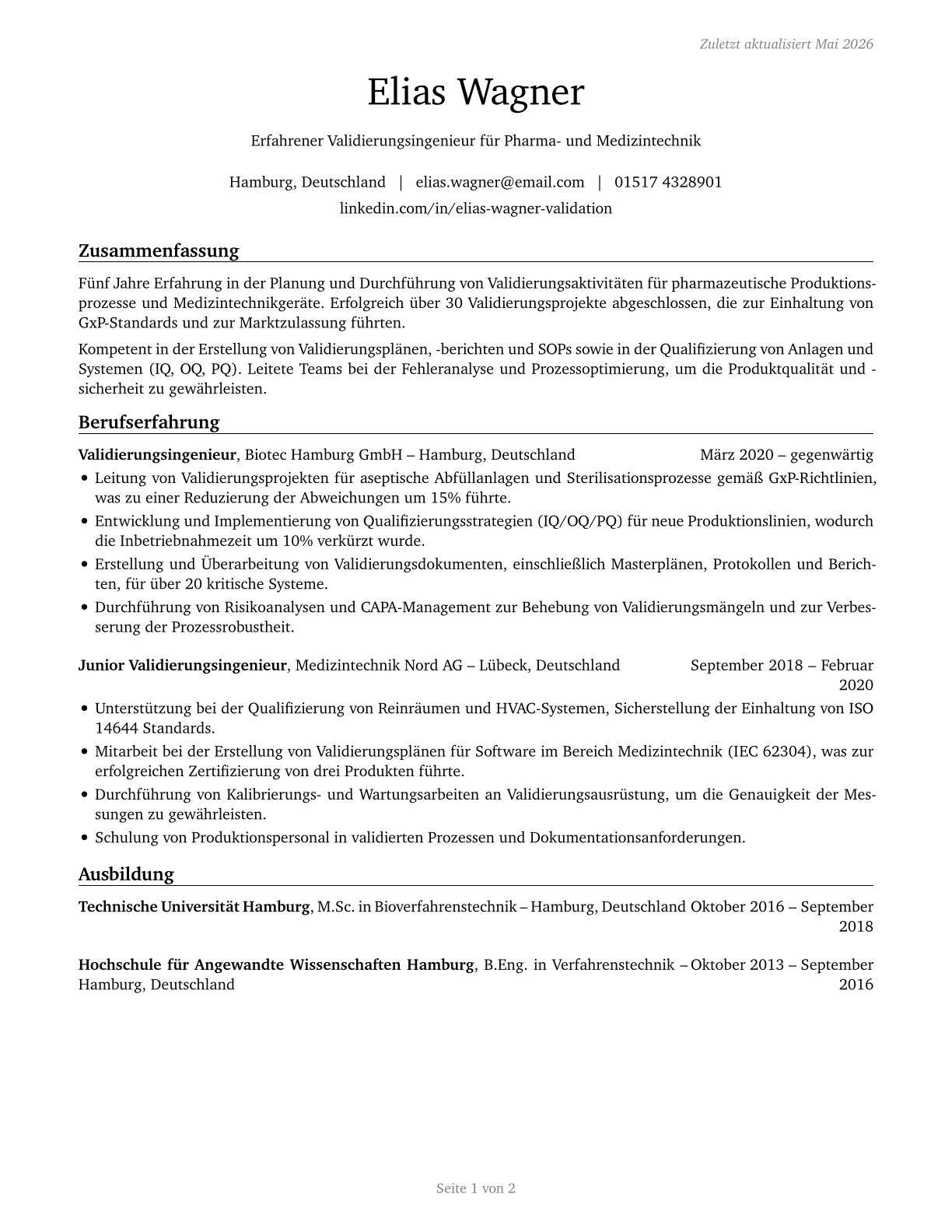 Validation Engineers CV in German — page 1