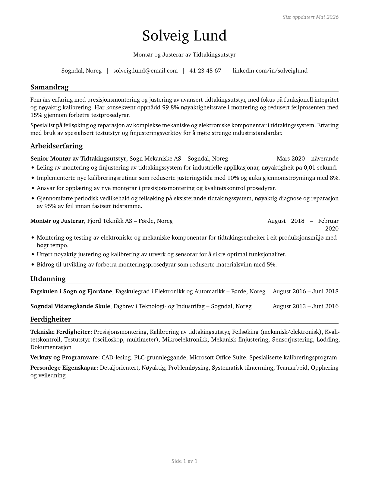 Timing Device Assemblers and Adjusters CV in Norwegian_nynorsk — page 1