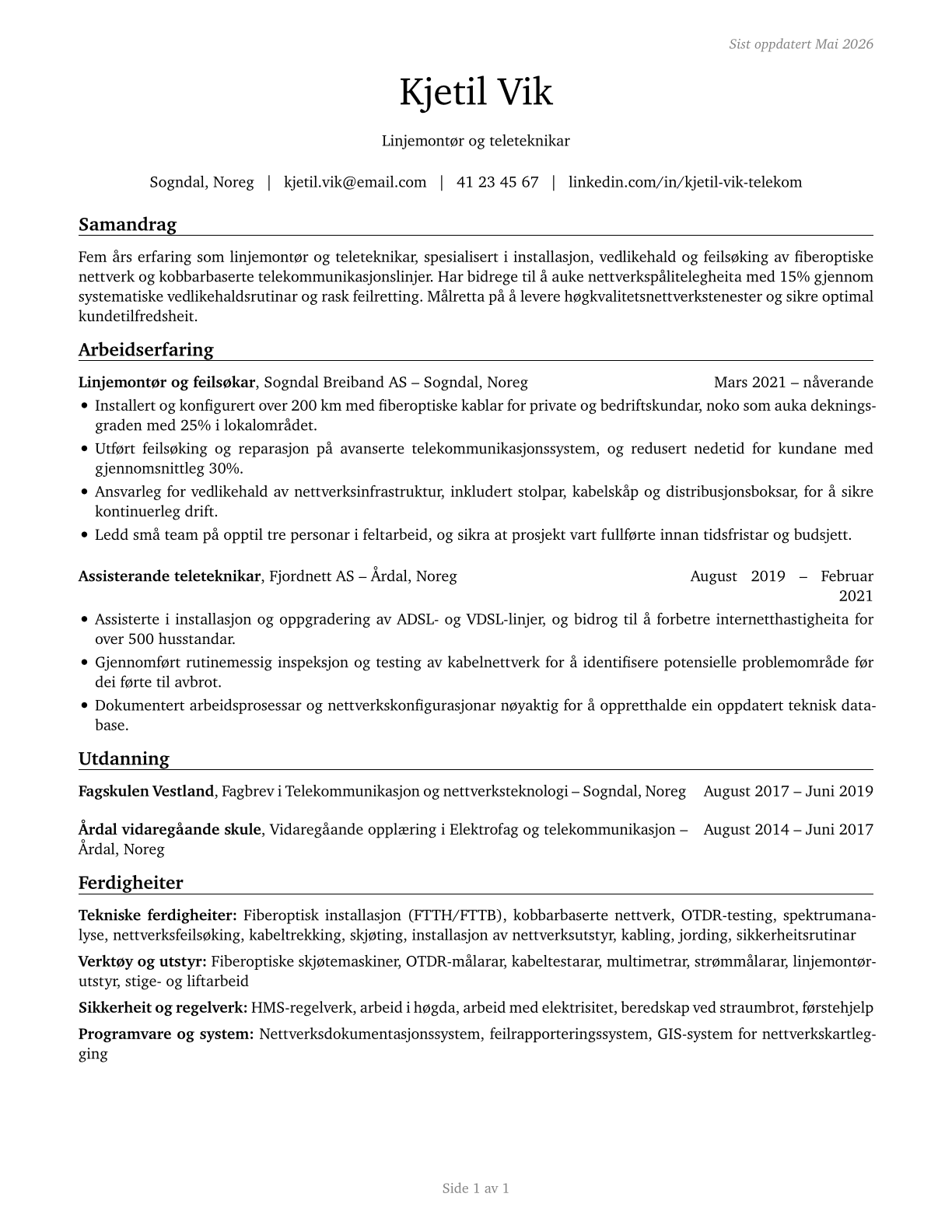 Telecommunications Line Installers and Repairers CV in Norwegian_nynorsk — page 1