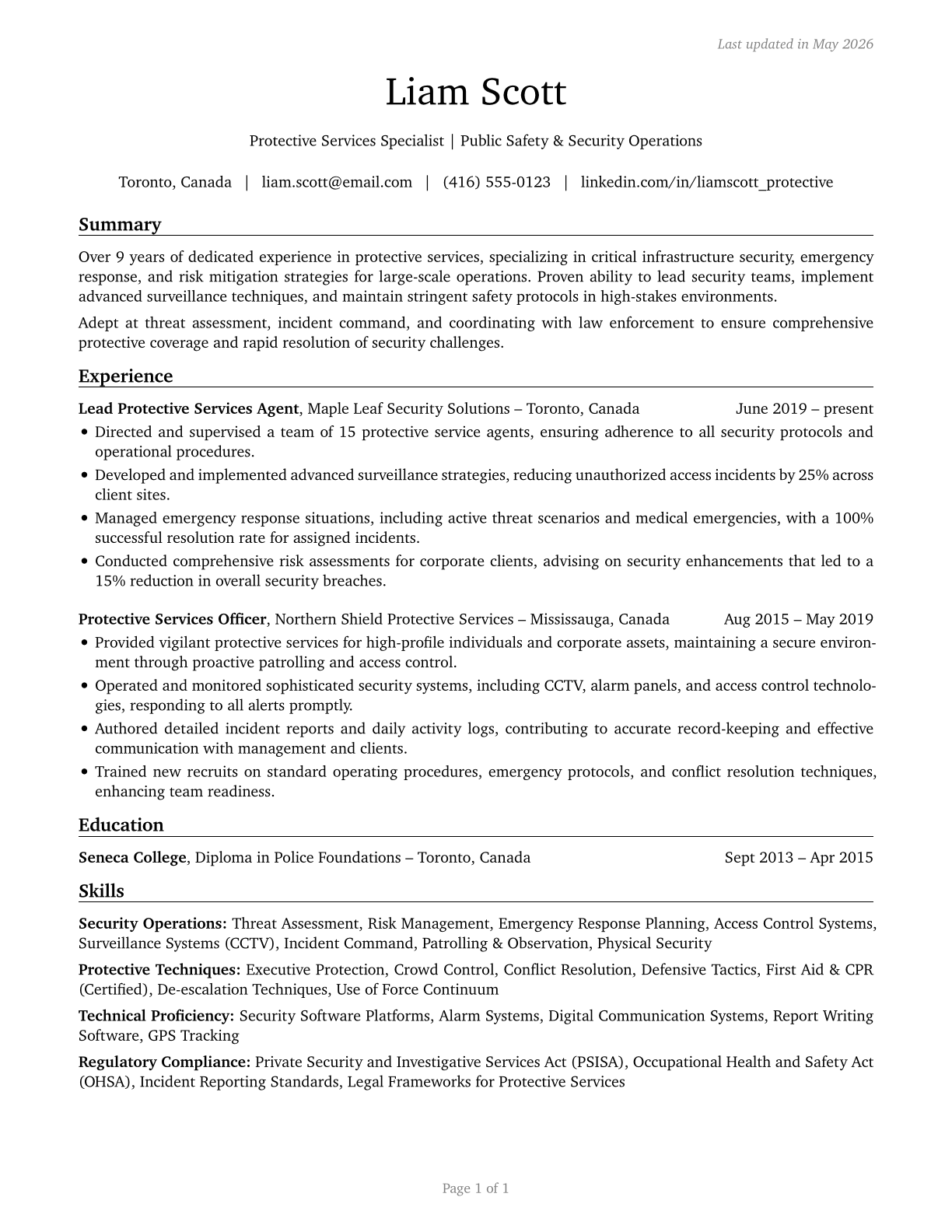 Protective Service Workers, All Other CV in English — page 1