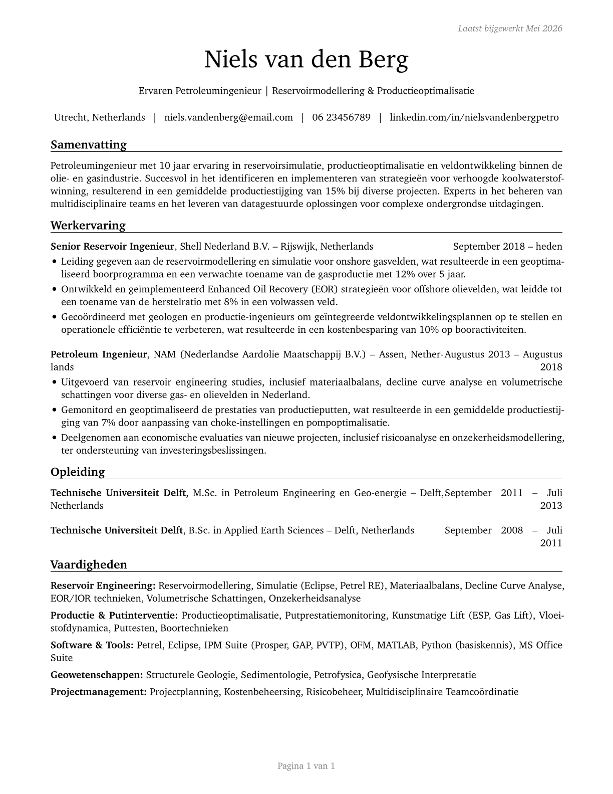 Petroleum Engineers CV in Dutch — page 1