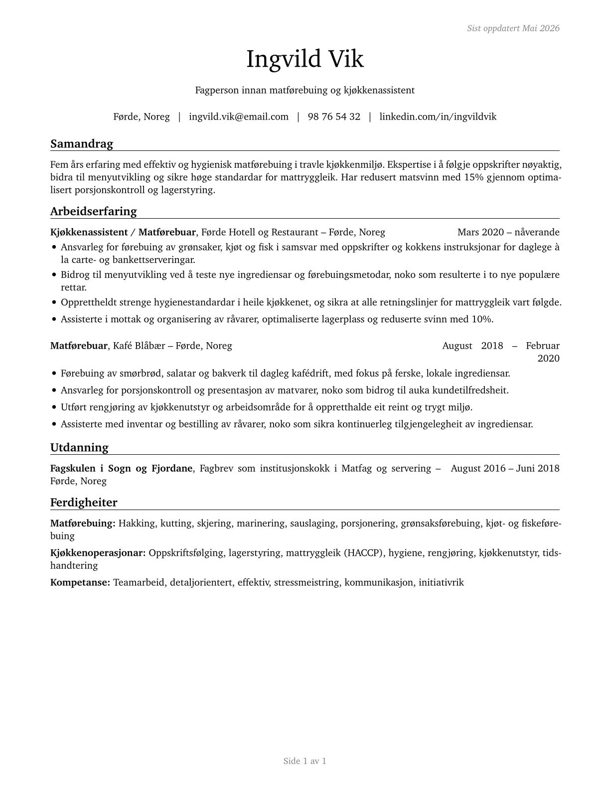 Food Preparation Workers CV in Norwegian_nynorsk — page 1