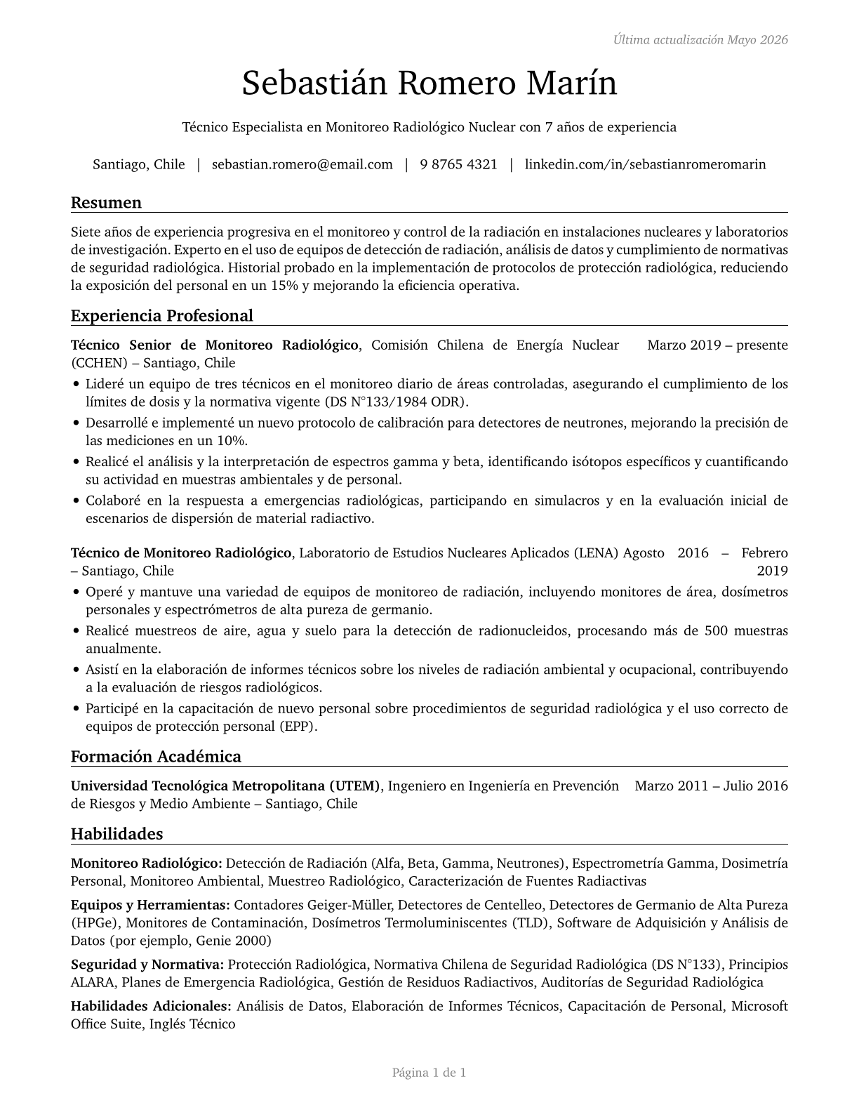 Nuclear Monitoring Technicians CV in Spanish — page 1