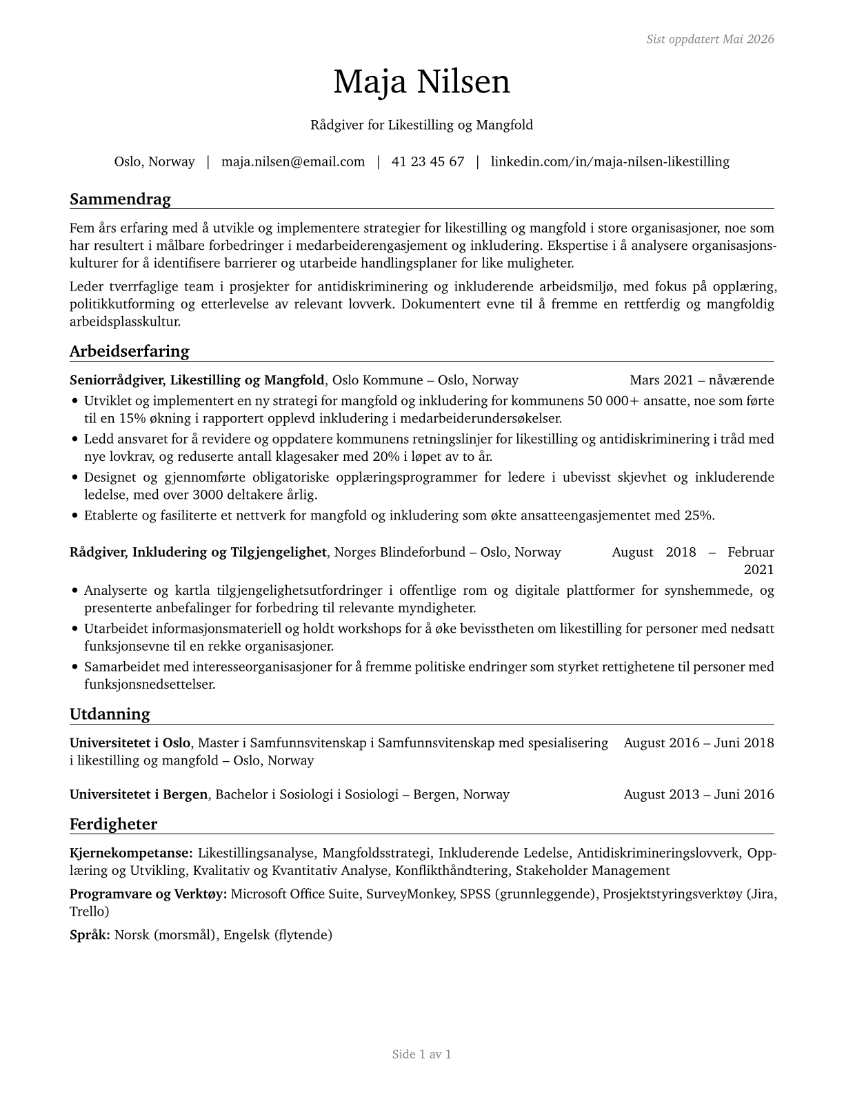 Equal Opportunity Representatives and Officers CV in Norwegian_bokmal — page 1