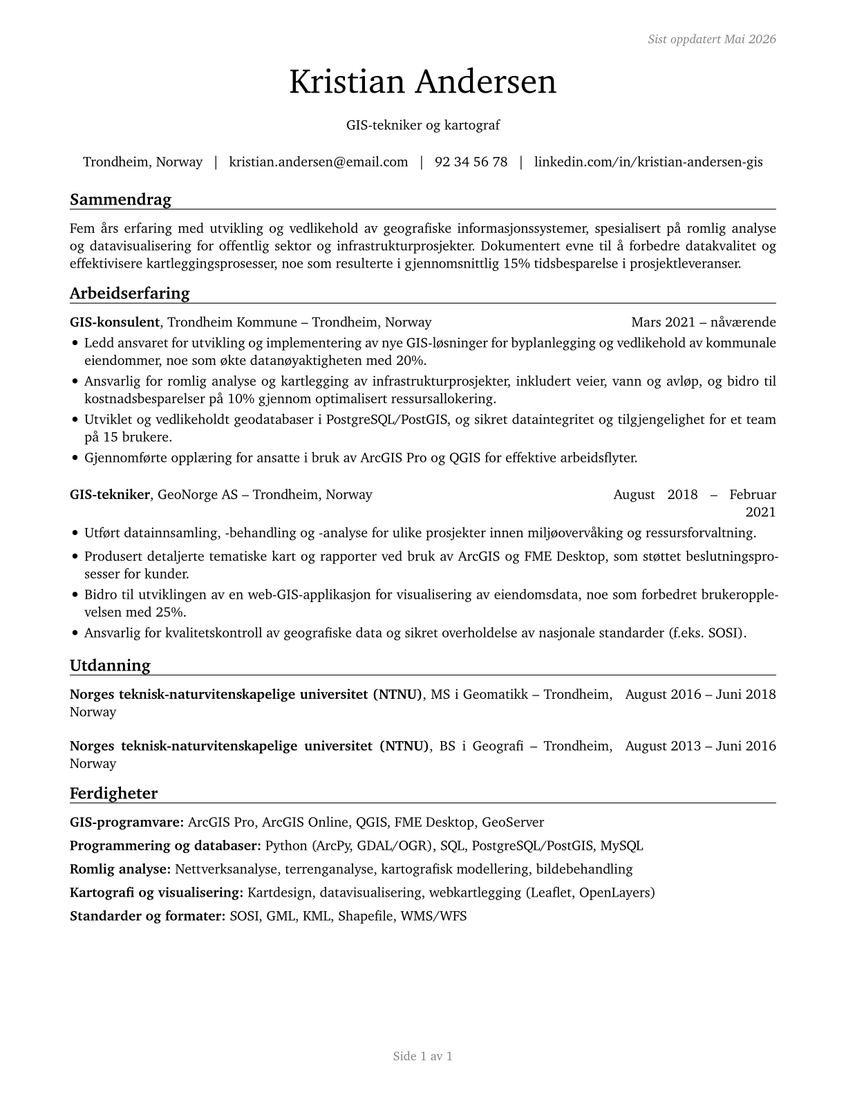 Geographic Information Systems Technologists and Technicians CV in Norwegian_bokmal — page 1