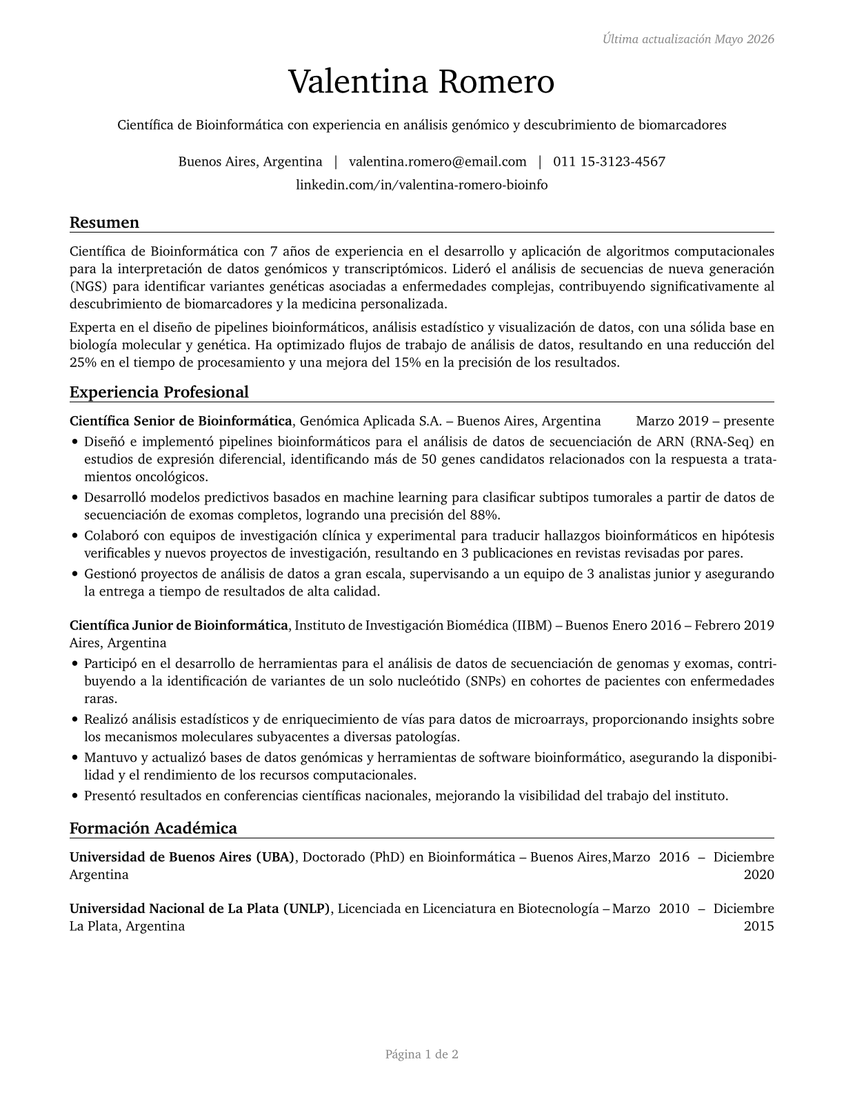 Bioinformatics Scientists CV in Spanish — page 1